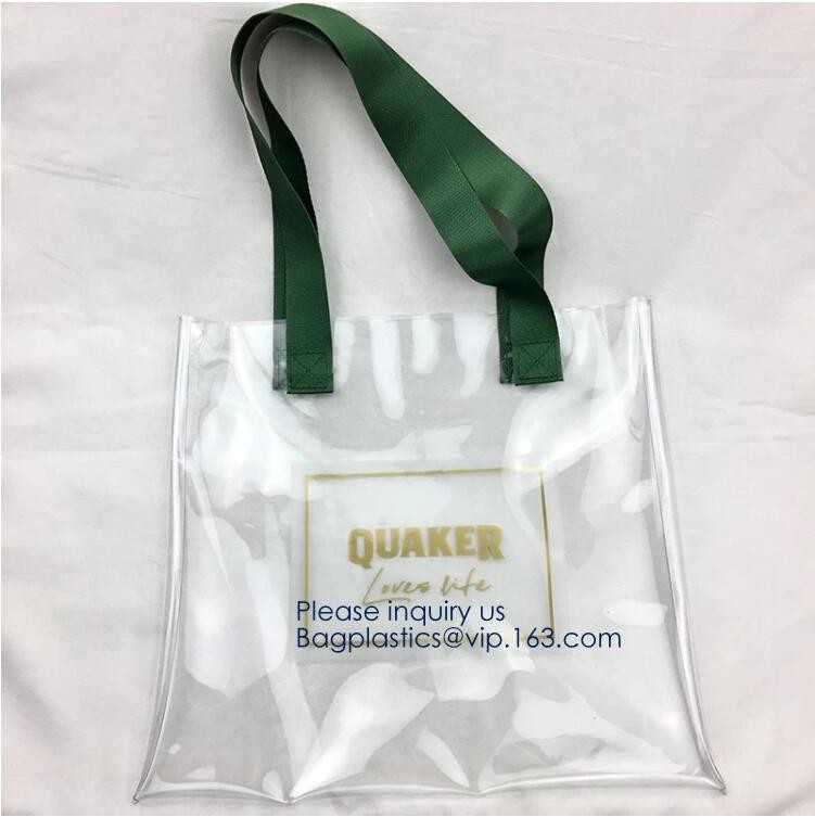 Waterproof All Over Printing PVC Coating Tote Shoulder Fabric Shopping Bag With Gusset And Lining,Jelly Clear Plastic PV
