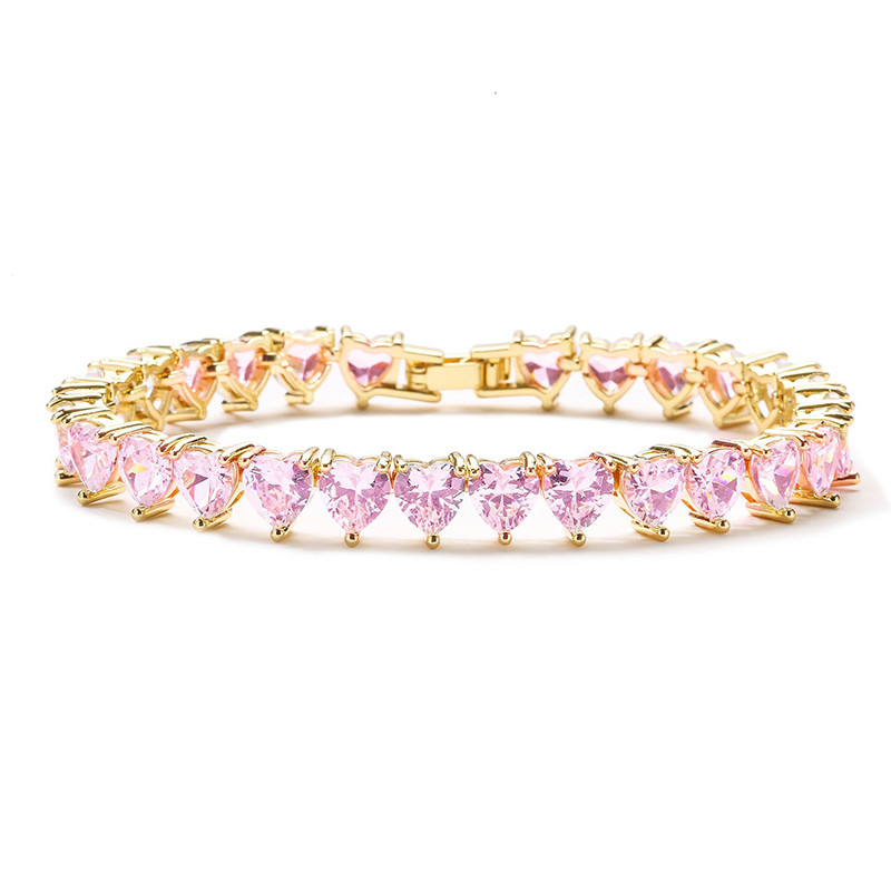 18k Gold Plated Full Diamond Bracelet 925 Sterling Silver Pink White Heart Zircon