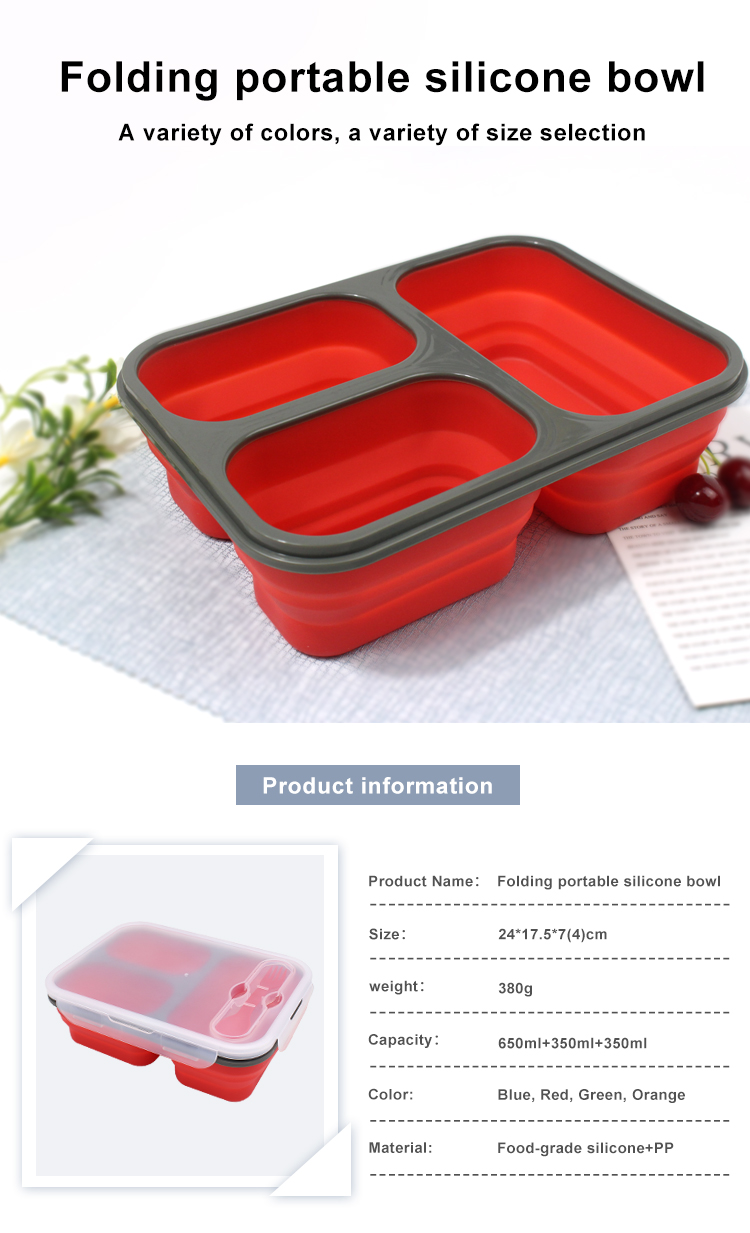 3 Compartments Dishwasher Safe Collapsible Bento Box BPA Free For Kids