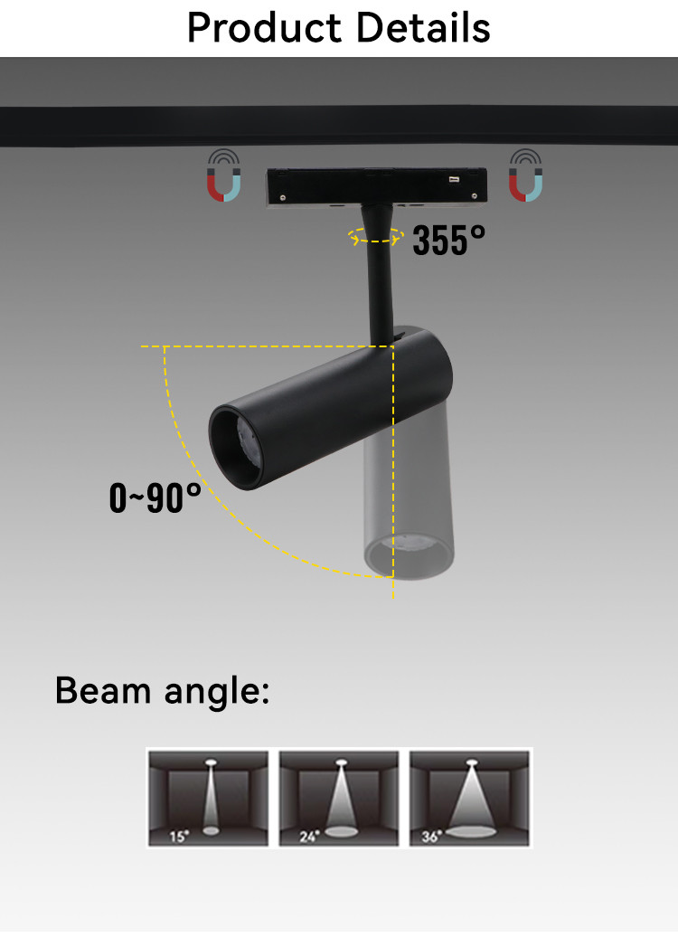 18W 48V Adjustable Angle Led Magnetic Track Light 1377lm-1683lm