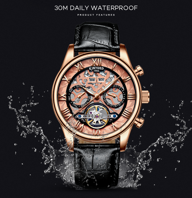 KINYUED genuine leather tourbillon mens automatic watch skeleton mechanical watch luminous watch