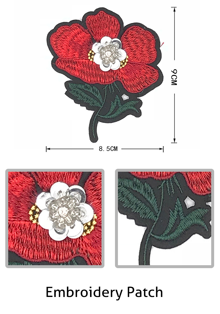 Red / Green Iron On Embroidered Flower Patches 8.5 * 9CM Size For Work Blouse