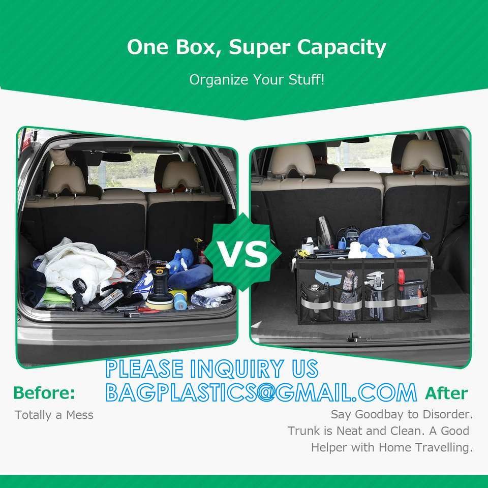 Trunk Cargo Organizer Durable Storage Collapsible Multi Compartments With Aluminium Alloy Handle Reflective Strip