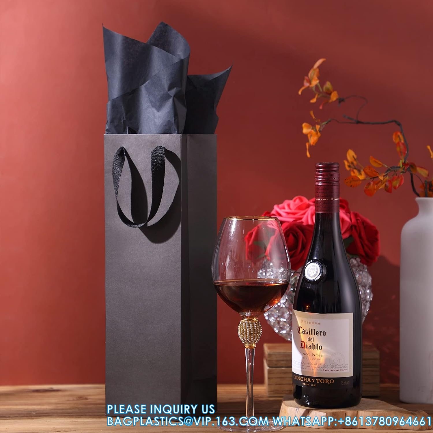 Paper Wine Bag Wine Bottle Bag Holder With Handles With Kraft Tissue Paper Retail Wine Bag For Christmas Holiday