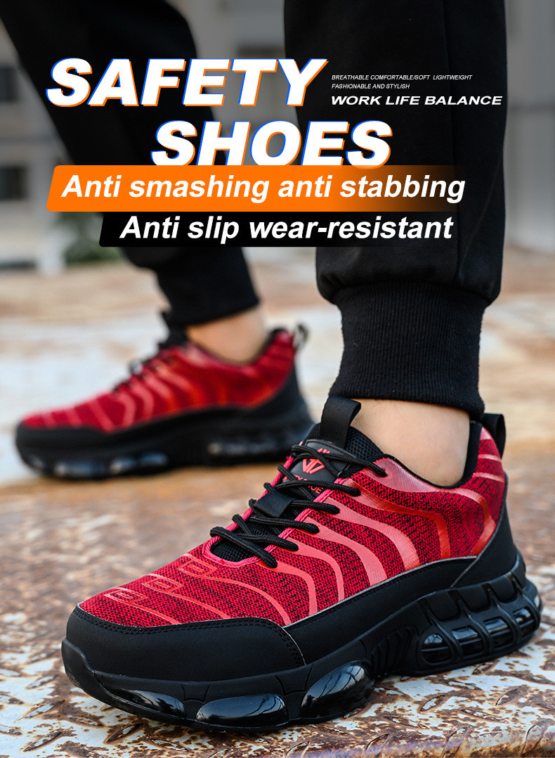 Flyknit Kevlar Air-cushioned Sole Safety Shoes For Industrial Workers In Orange Red Black