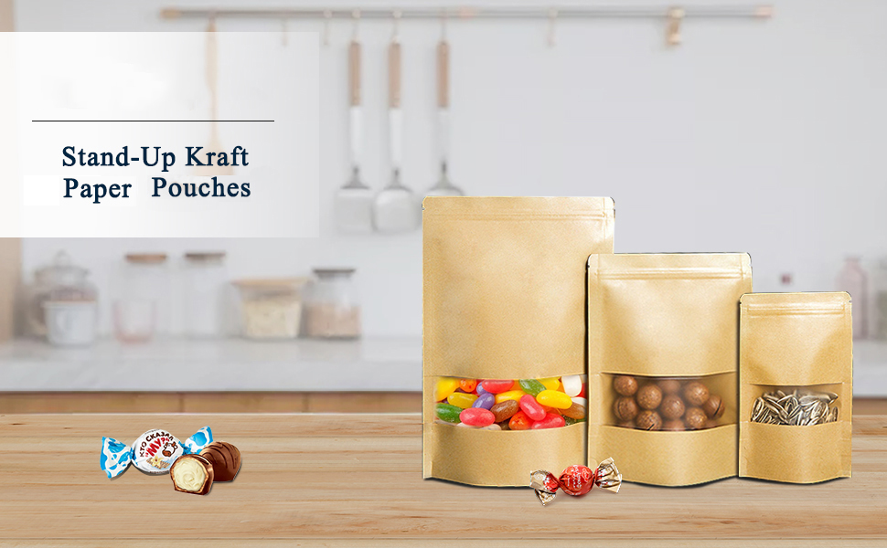 Kraft Paper Bag with Resealable Lock Seal Zipper and Stand Up Design Transparent Window
