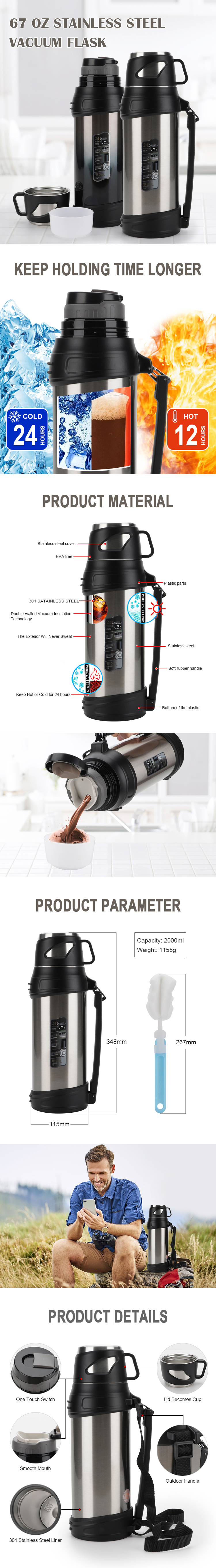 2L 304 Stainless Steel Vacuum Travel Pot Outdoor Flasks With Handle Belt