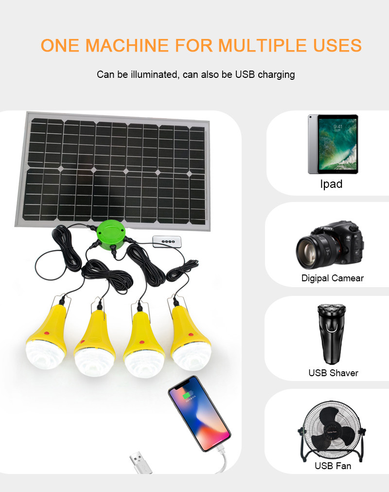 Mini Portable Solar Power System Generator 30W With Phone Charger 4 LED Bulbs