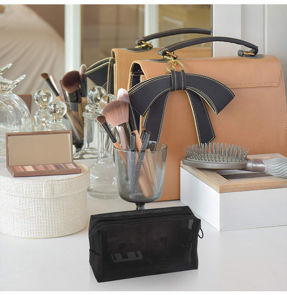 3 Pieces Zipper Closure Black Mesh Makeup Bags For Travel
