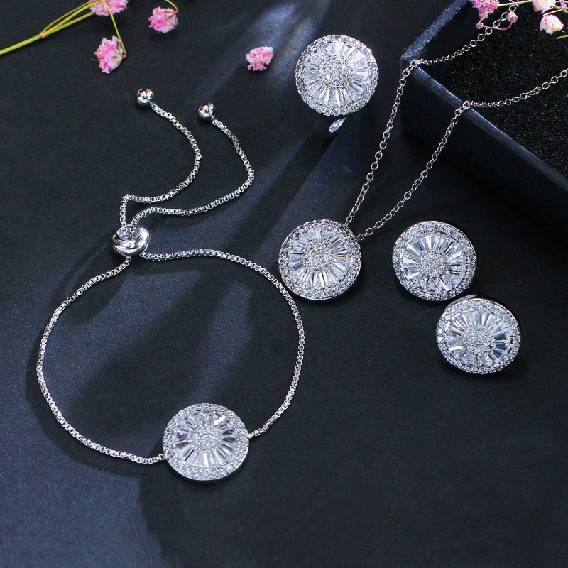 Charming 925 sterling silver white gold plated Cubic Zircon CZ Clear diamond Earrings Necklace Bridal Jewelry set
