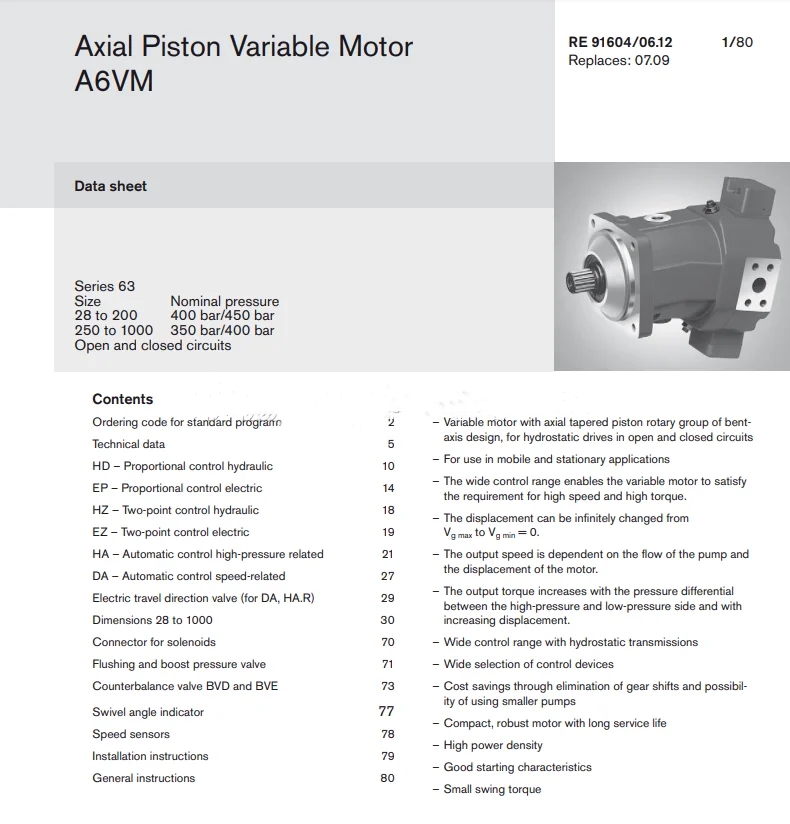 A6VM107 HA1/63W-VZB370A-K Hydraulic Variable Displacement Piston Motor for Heavy Machinery