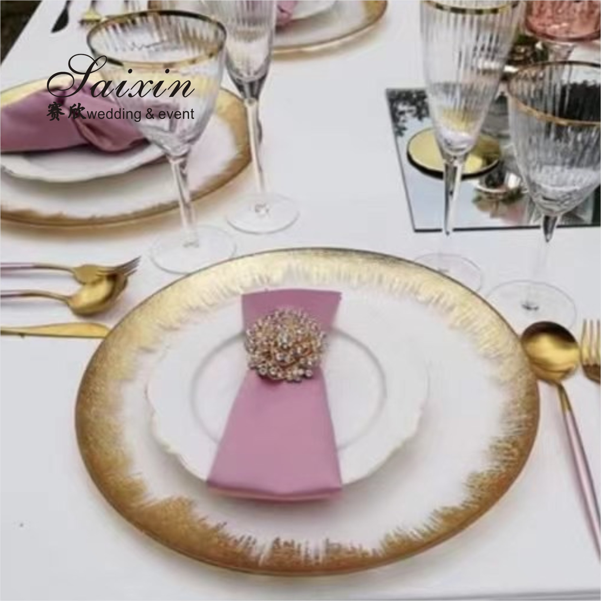 Gold Edge Clear Wine Champagne Water Glasses Party Personalised Wedding Glassware