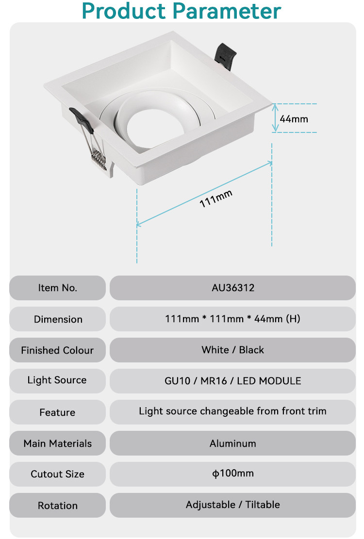 Commercial Adjustable Anti-Glare GU10 Recessed Spotlight Downlight Frame