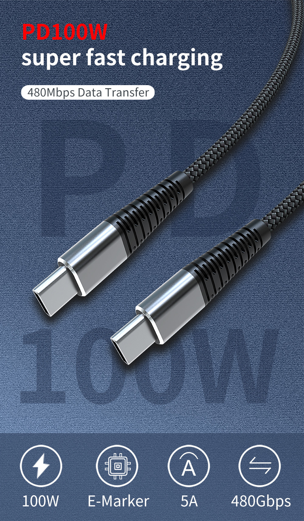 Home 1M Durable PD 5a Usb C Cable , Kevlar Nylon Braided Usb Cable