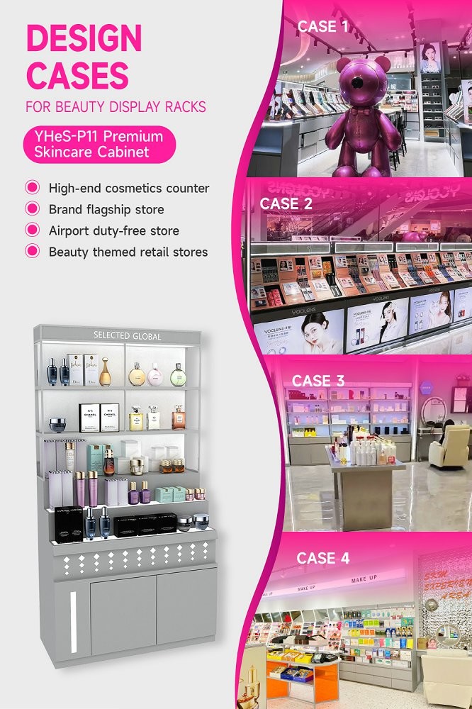 YHeS-P11 10*10 Mirror Stainless Steel Tube Skincare Display Rack for High-End Stores