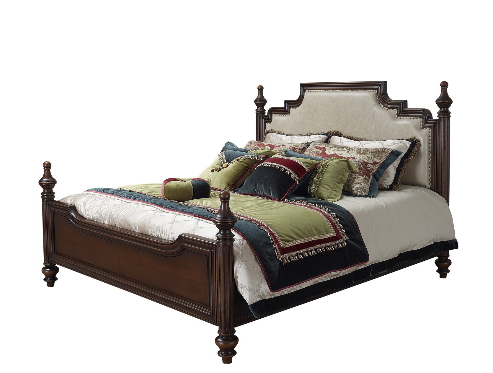 Palatial Villa House Bedroom Furniture set Classic Wooden King size Bed with Grand Night table with Decoration display