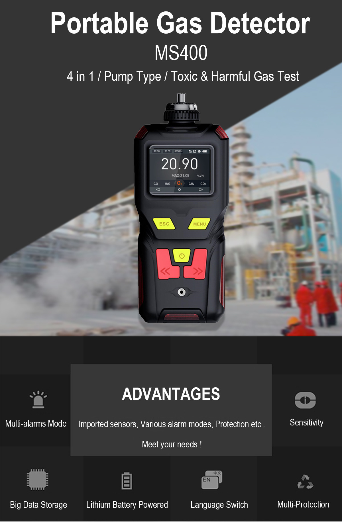 Zetron MS400-CH4 Portable Gas Detector For Methane Monitoring And Carbon Emission Analysis