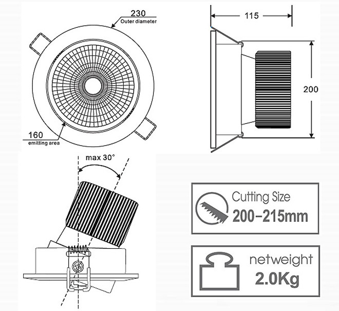 50w cob downlight, high power 50w cob led ceiling light, wholesale 3 years warranty ip 65