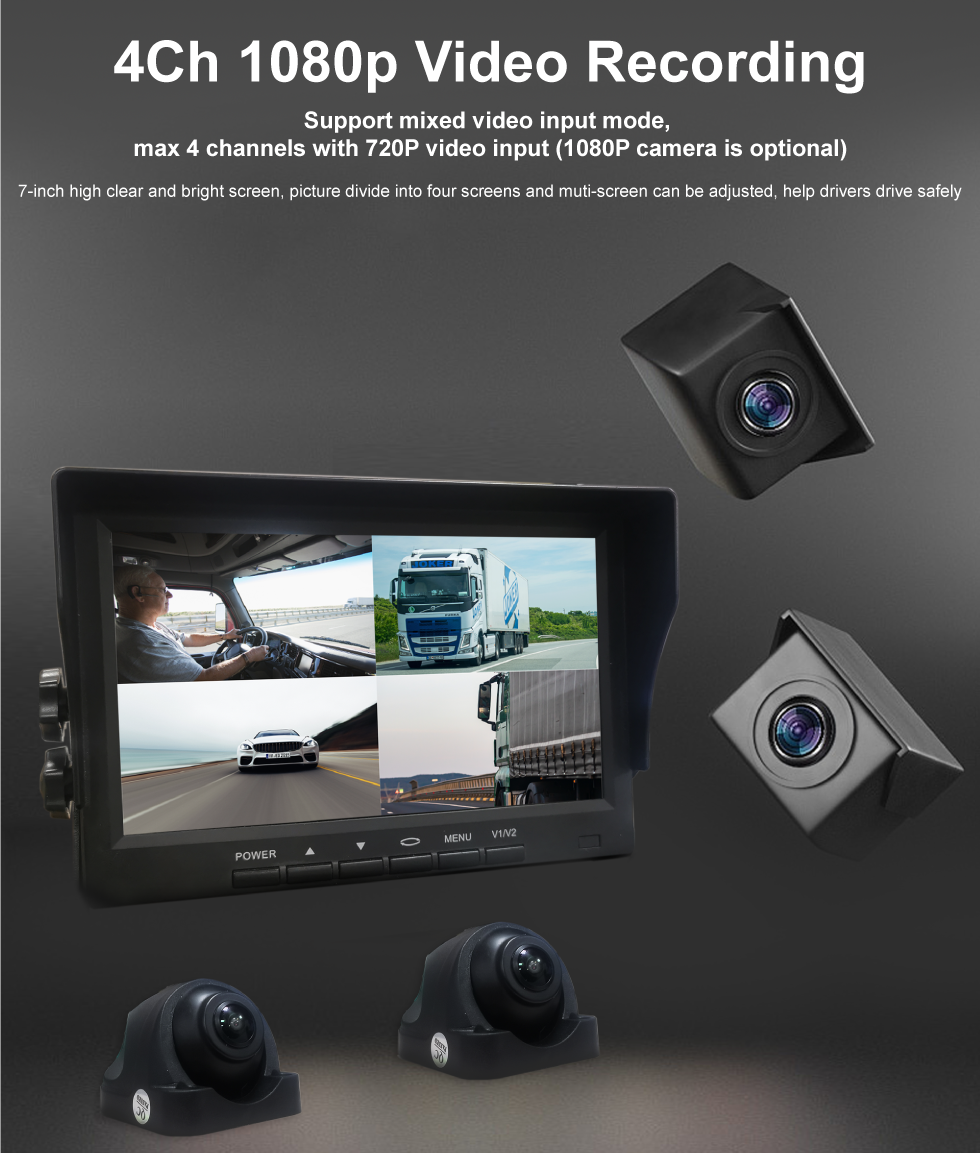 512GB SD Card Storage 7 Inch Reversing Camera System With 4 HD Cameras And MDVR Kit