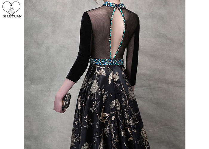 Birds Pattern Black Long Sleeve Ball Gown Blue Diamonds Beaded Back Hollow