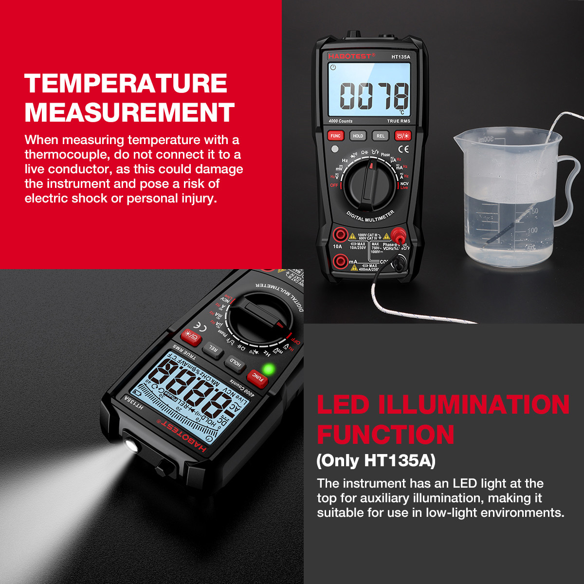 HABOTEST HT135 Digital Multimeter 1000V 10A 4000 Counts AC/DC Transistor Tester Electrical NCV Test Meter Profesional Multimetr