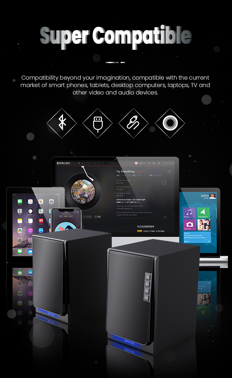 Desktop Speakers Wireless HiFi Wooden Black Bookshelf Speakers with Remote Control