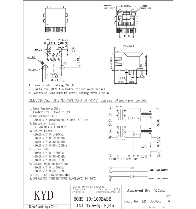 Single Port 100 BASE-T Integrated Magnetic RJ45 Jack Shielded With Y/G LED