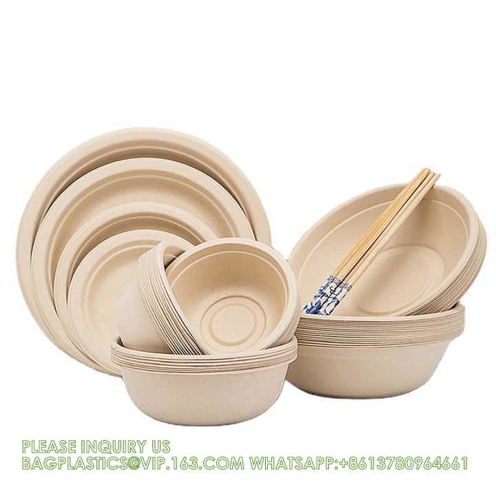 12oz 24oz 32 Oz Sugarcane Bagasse Biodegradable Disposable Compostable Round Paper Salad Soup Bowl With Lid Sugar Cane