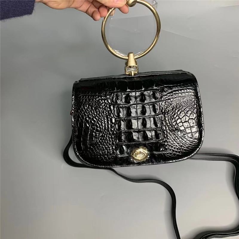 Genuine Alligator Leather Round Handle Female Small Handbag Lady Saddle Purse Exotic Crocodile Skin Women Shoulder Bag
