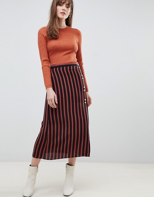 custom made girls fashion contrast buttons stripe midi skirt