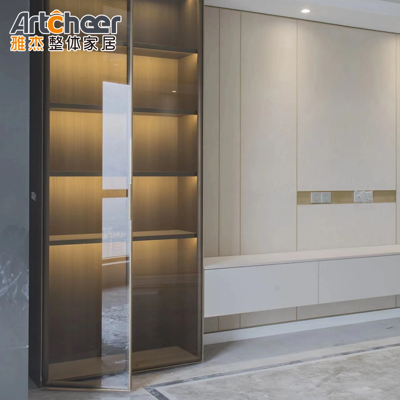 Adjustable TV Wall Cabinet in Modern Scandinavian Style with Glass Door and Wine Rack
