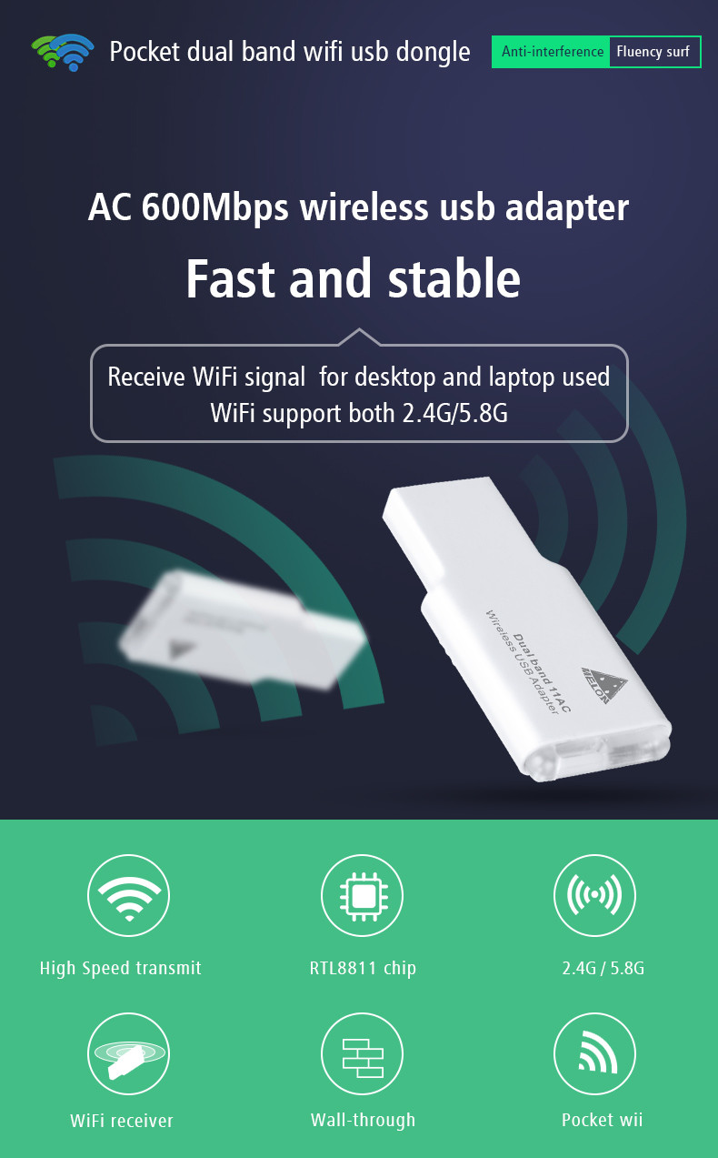 Portable 2.4GHz 5.8GHz 802.11ac Mini USB WiFi Adapter