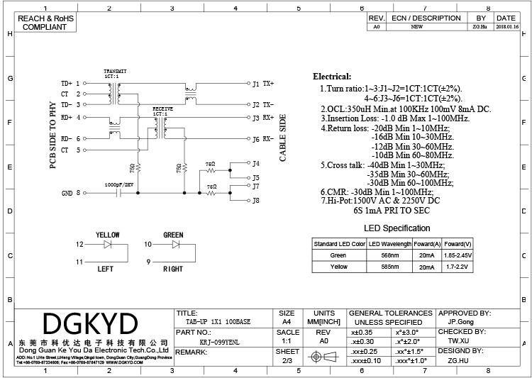KRJ-099YENL Network Interface Computer RJ45 Connector With Baiyum Board Light Strip