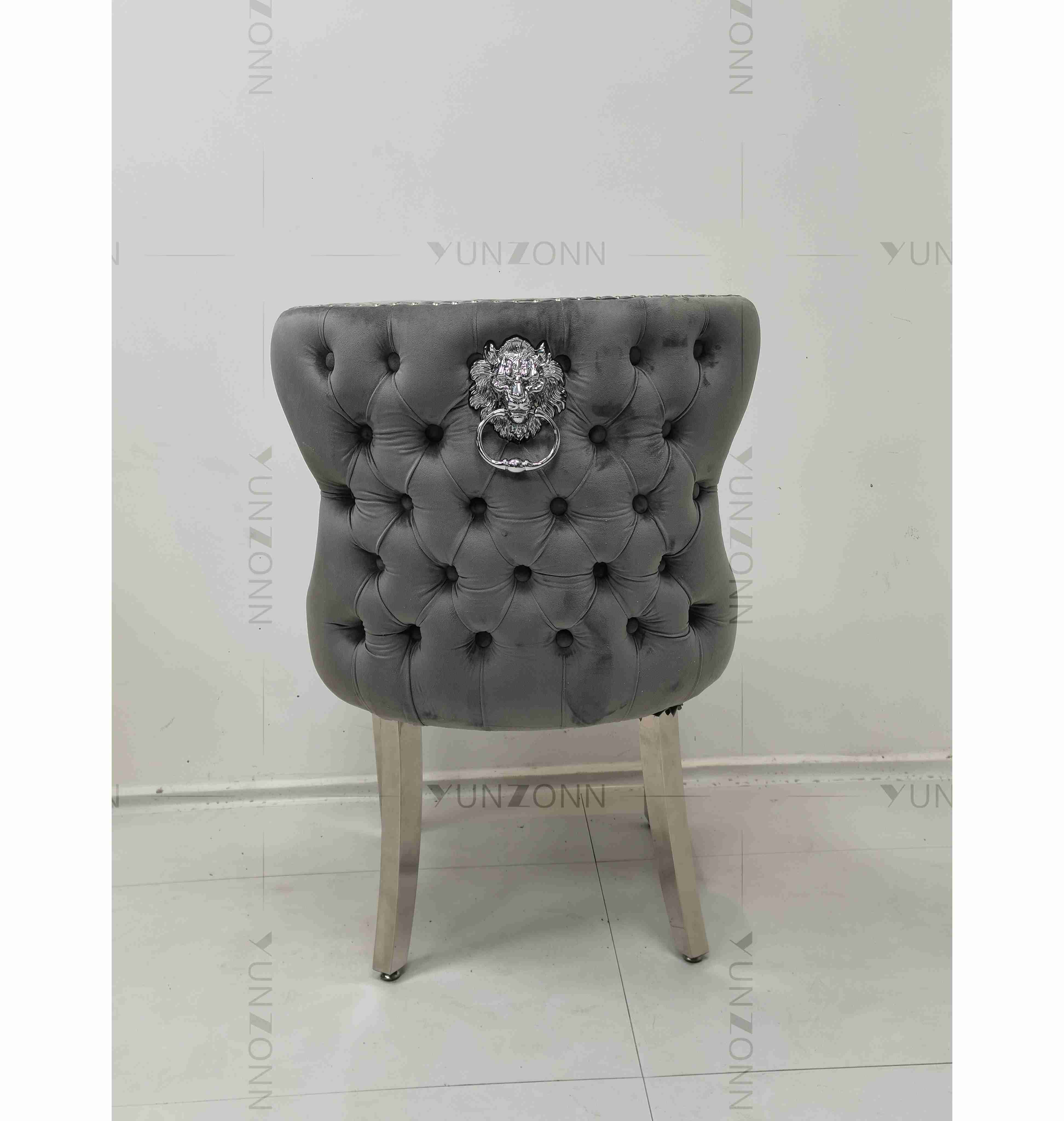 Gray Power Lion Buttoned Back Dining Chair Padded Dining Room Chairs Silver Stainless Steel Legs