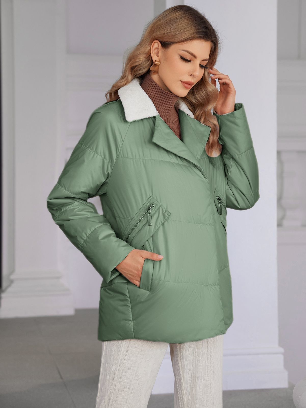 Europe Winter Padded Coat For Mid Aged Women Polyester Fabric Type Regular Length Double Pockets And Imitation Goat Fur