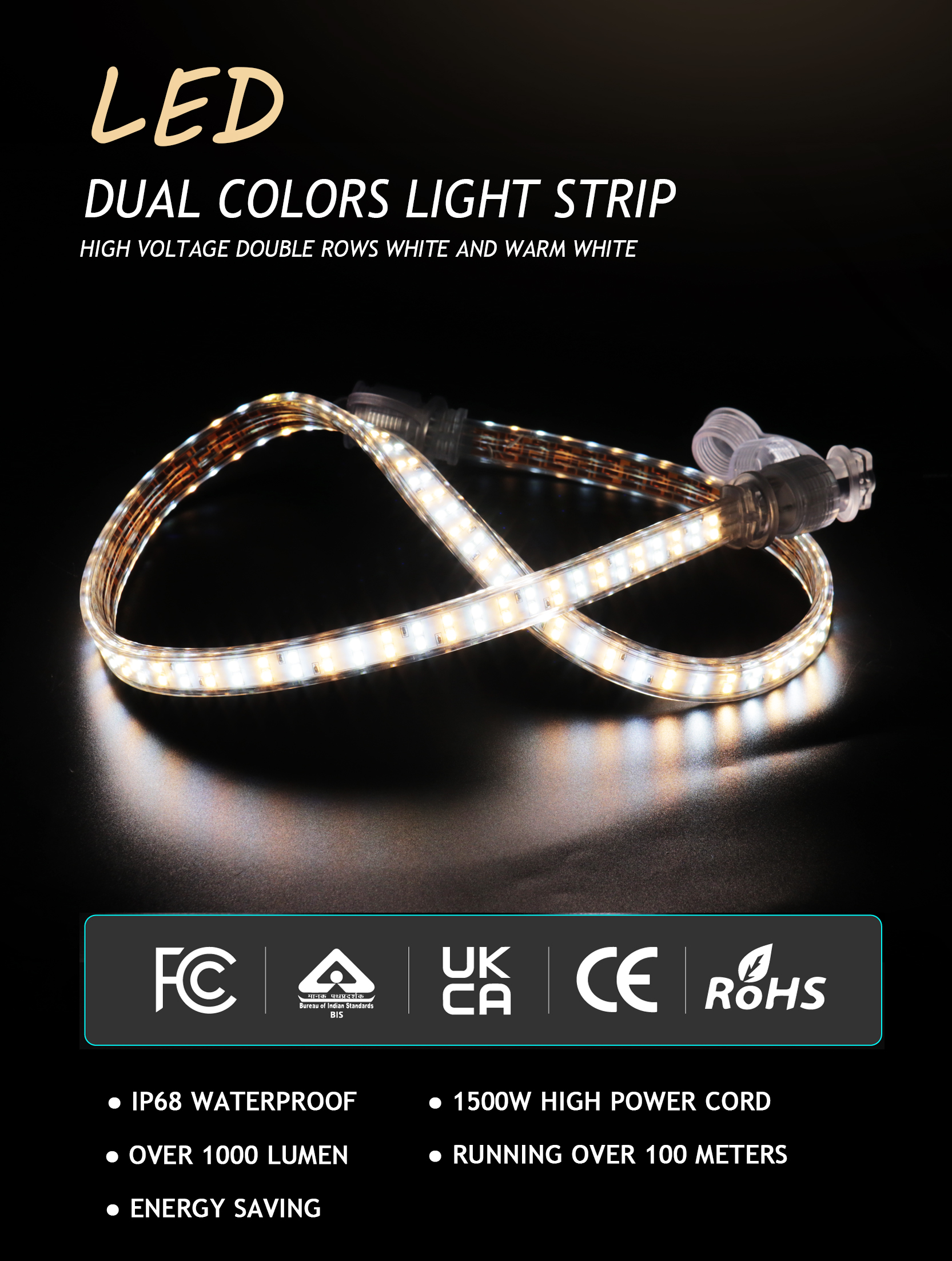 IP68 6500K Led Rope Light White And Warm White Led Strip Lights For Ceiling