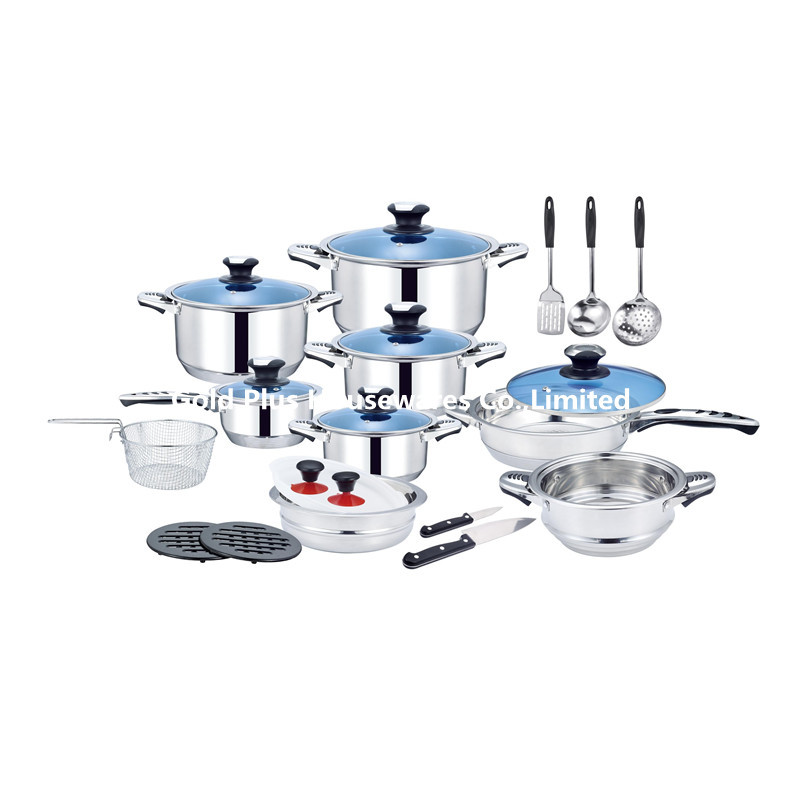 25pcs Non Stick Soup Pot SS Kitchen Utensils Long Handle With Blue Glass Lid