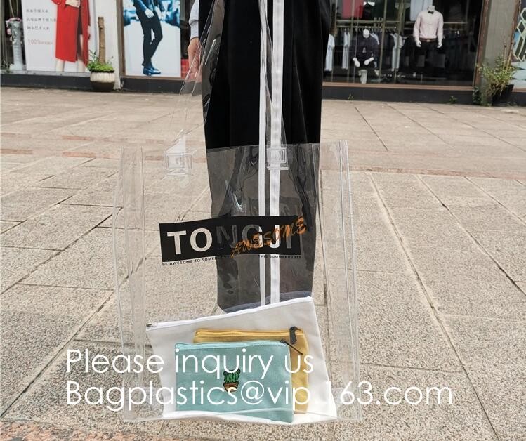 Waterproof All Over Printing PVC Coating Tote Shoulder Fabric Shopping Bag With Gusset And Lining,Jelly Clear Plastic PV