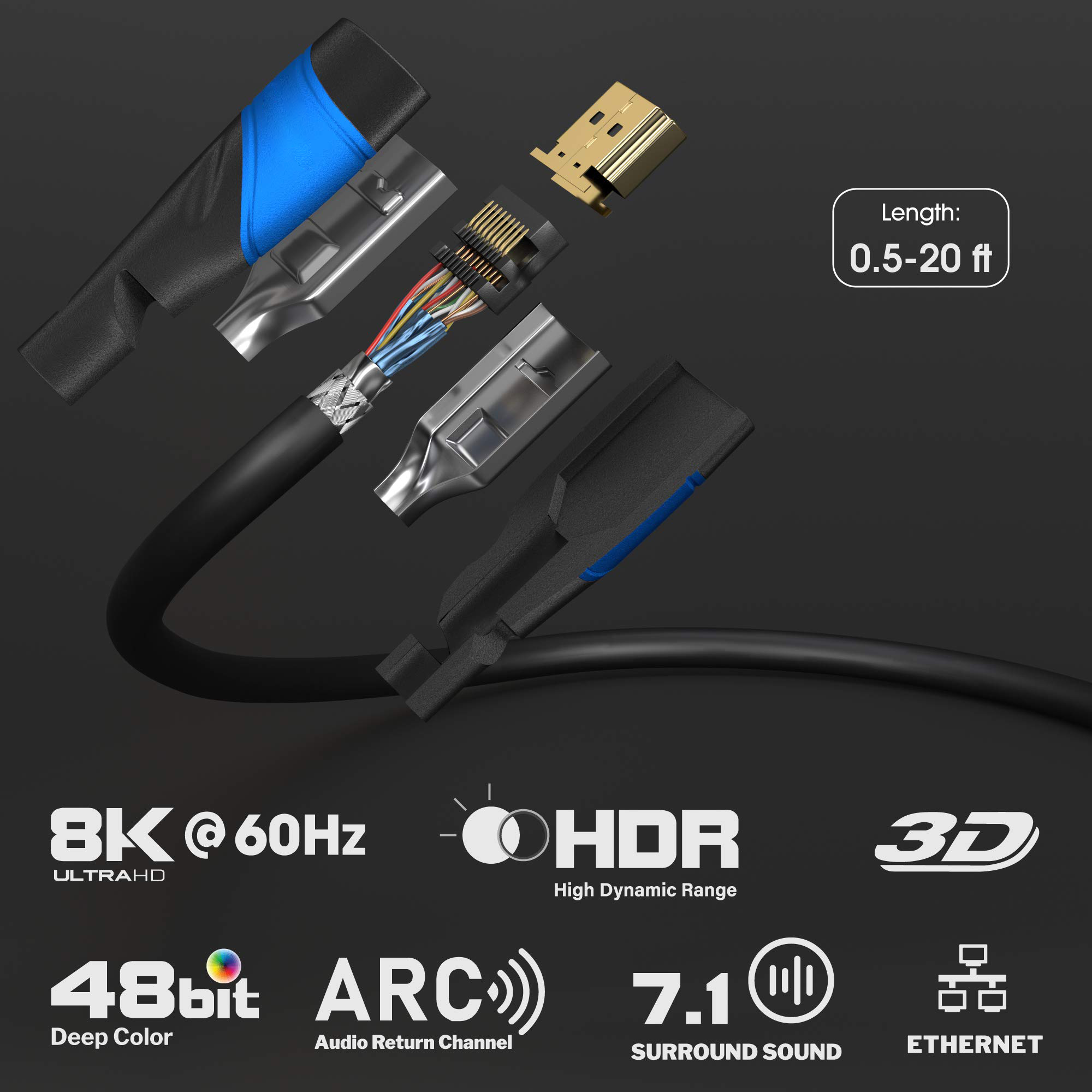 4K Video Audio Cable with Full 19pin HMDI Port 24k Gold Plated Conductor Material