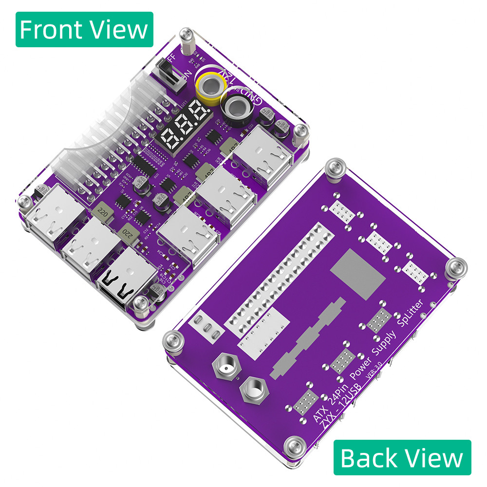 ATX 24 Pin Power Supply Breakout Board with Acrylic Case Kit 3 Digit LED Display 12- port USB 2.0 & QC 2.0/ 3.0 & 12V Output