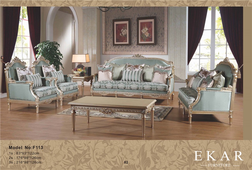 Antique Gray Velvet Fabric With Wood Carving Living Room Sofa Set Furniture