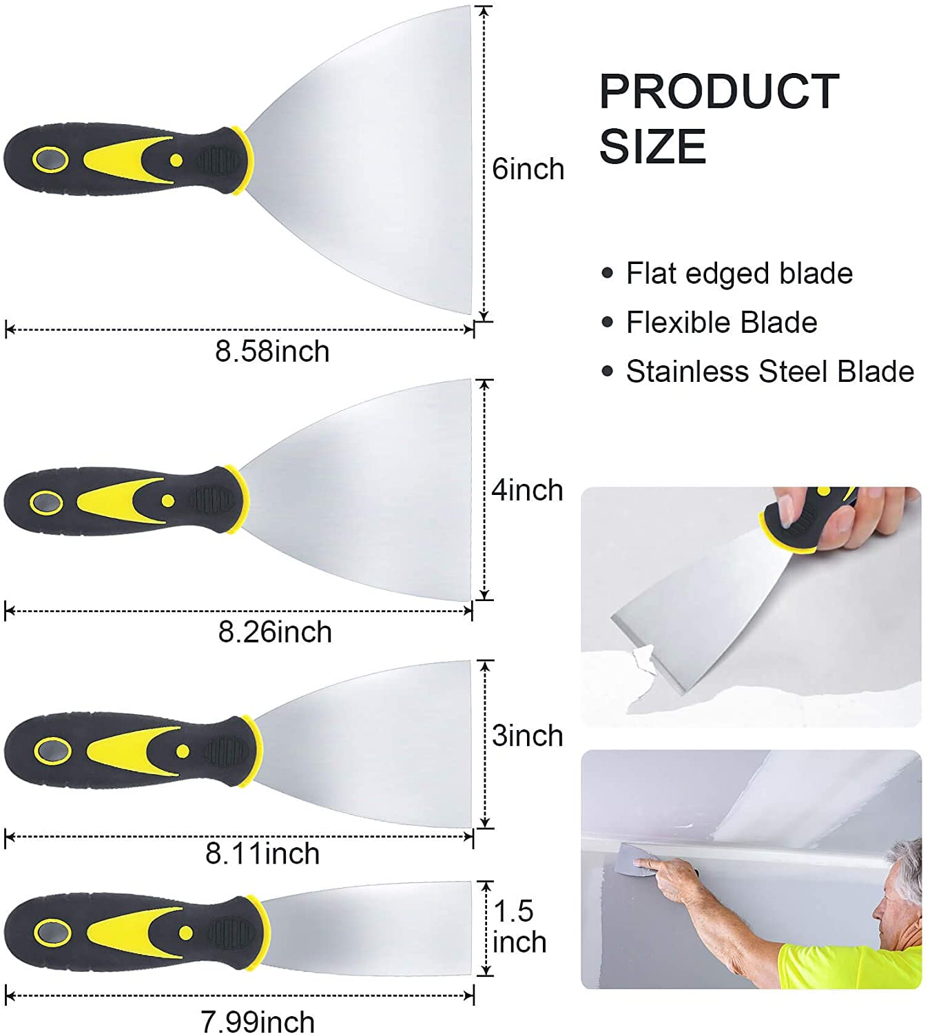 4 Pack Multi Putty Knife Scrapers Set Spackle Knife Premium Stainless Steel Paint Scraper Blade