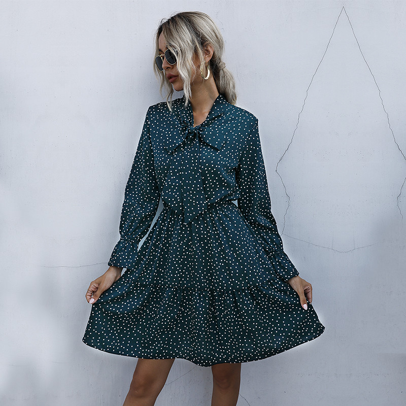 Midi Summer Polka Printed Women Chiffon Dress With Bow