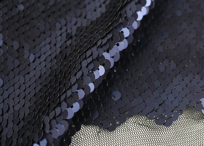 Navy Sequin Mesh Fabric , Embroidered Lace Fabric By The Yard For Evening Dresses
