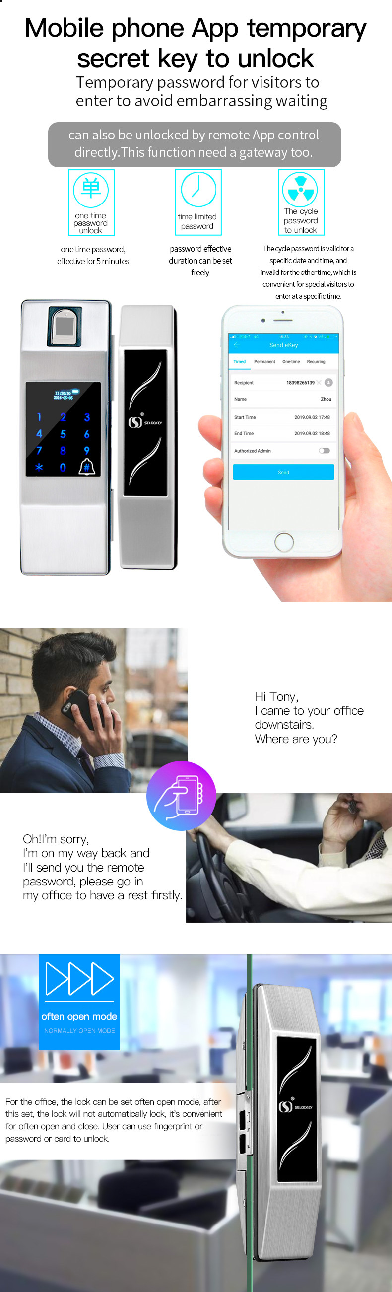 Digital No Wiring Bluetooth Code Glass Door Office Biometric Locks