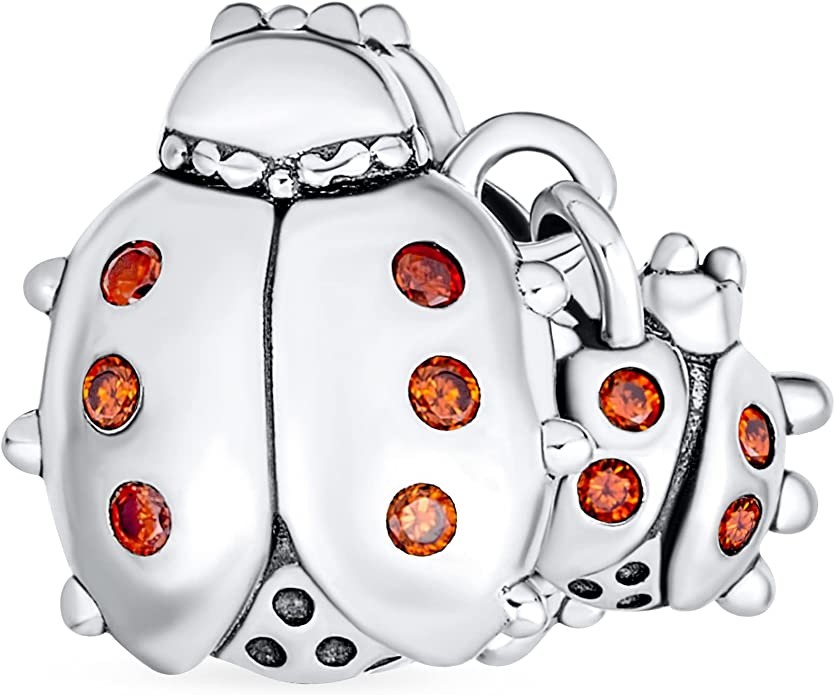 Insect Garden Mother Baby Ladybugs Red CZ Dangle Charm Beads Good Luck