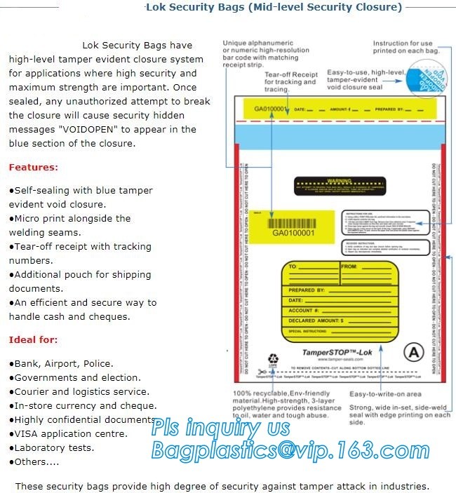 Security plastic bag with adhesive tape for cash, plastic money bag, Security Money Cash Bag For Airport/Bank and police
