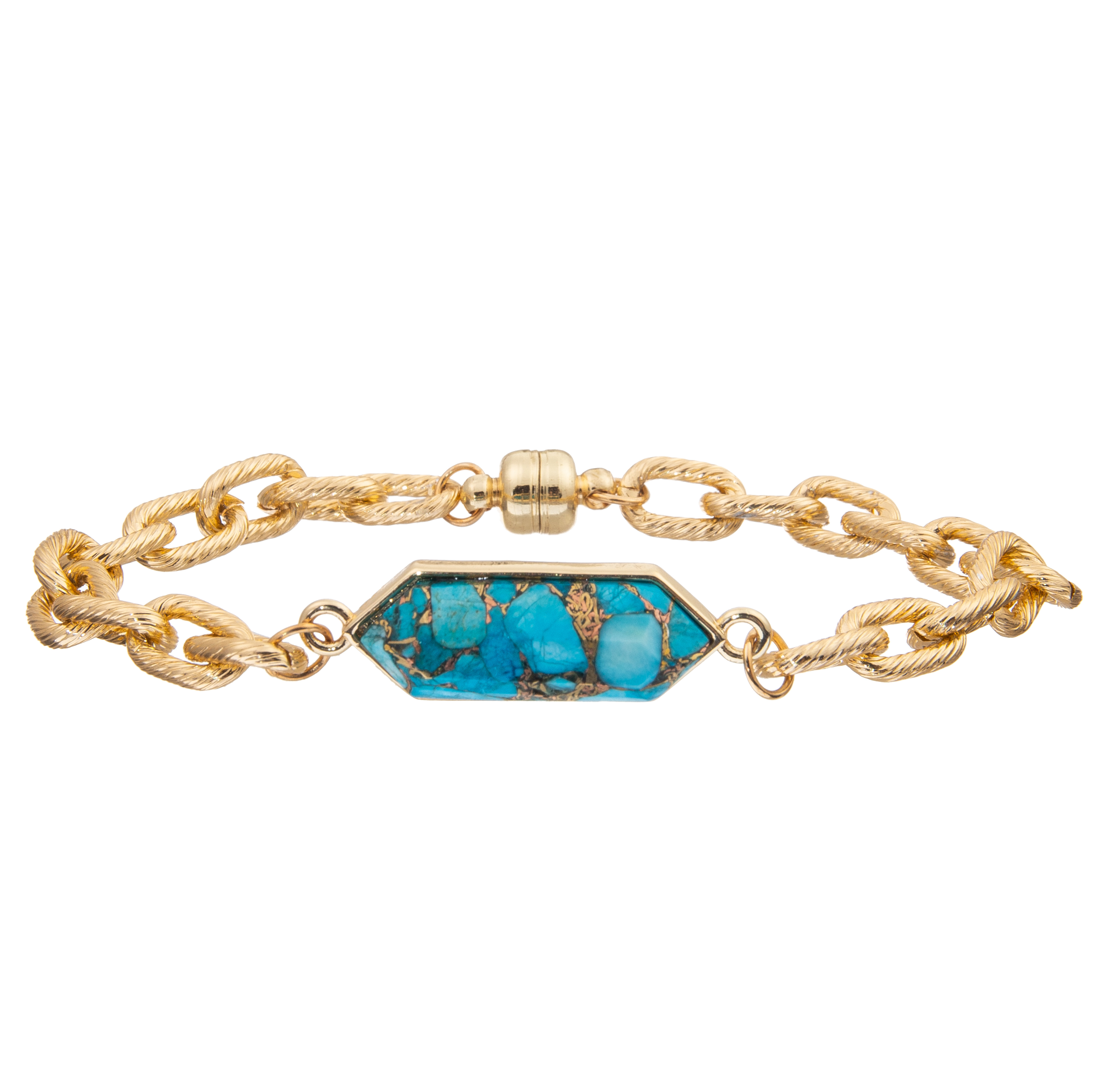 Magnetic Buckle Twist Chain Link Bangle Bracelet With Silver Plated Octagon Turquoise