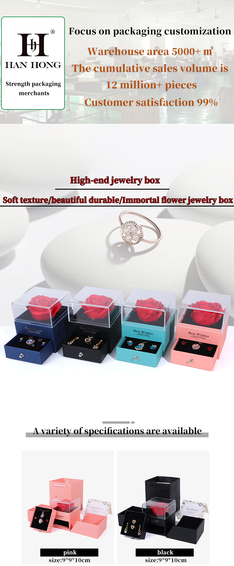 Valentine's Day Rose Box Drawer Type Jewelry Packaging Box with Square Shape