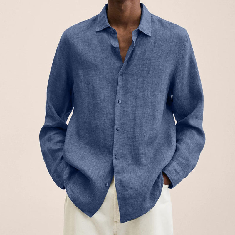 2022 Independent Station V Neck Loose Button Cotton Linen Shirt Man Popular Long Sleeved